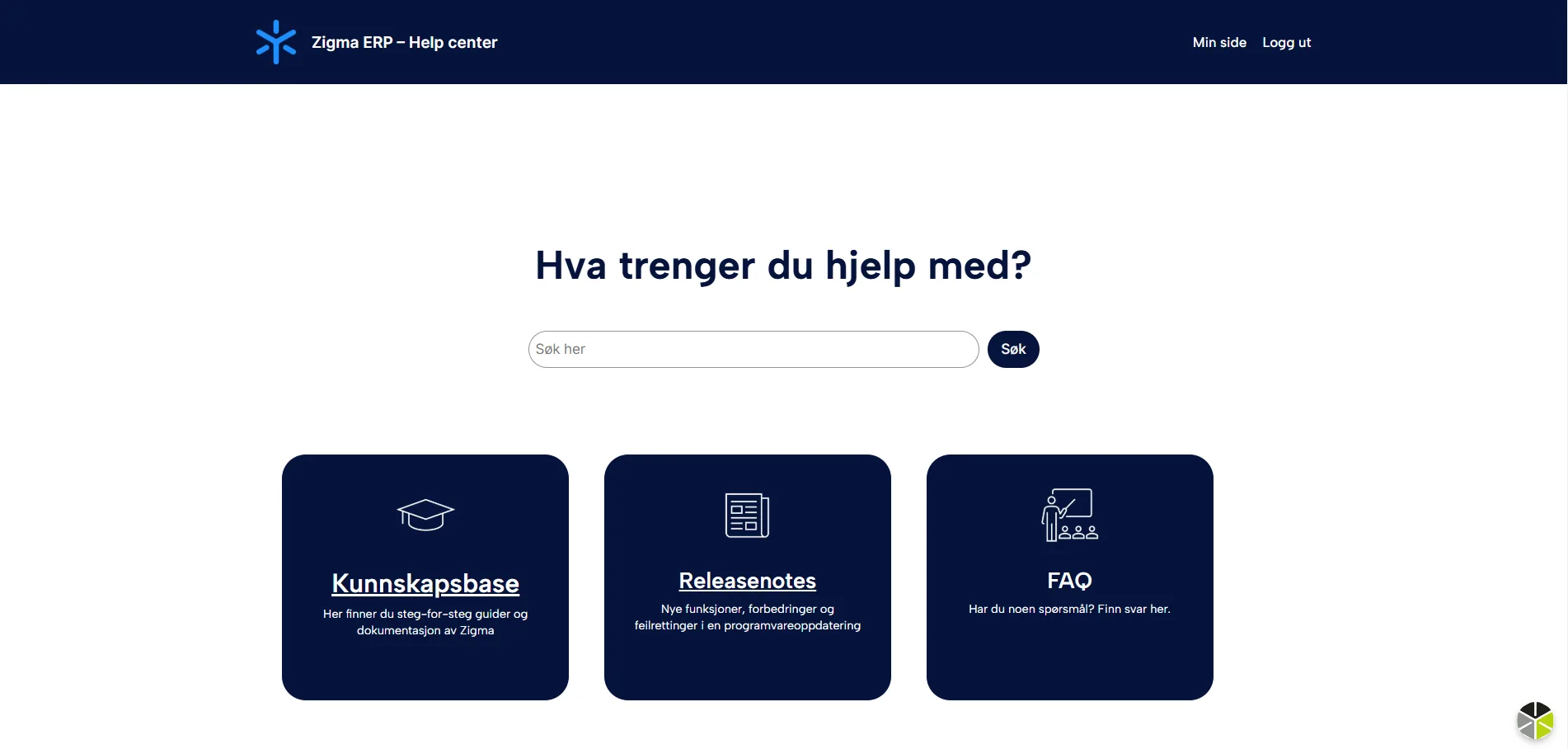 Skjermbilde fra Zigma Help Center.