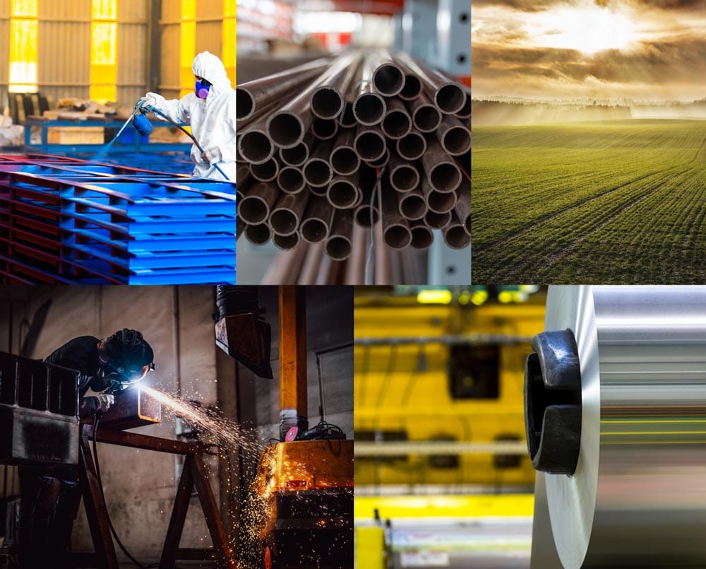 Bildekollasje av forskjellige industrier som bruker Zigma ERP som sitt styringssystem. Viser overflatebehandling av metallkonstruksjon, rør og piping, agromiljø og landbruk, sveising og maskinering.