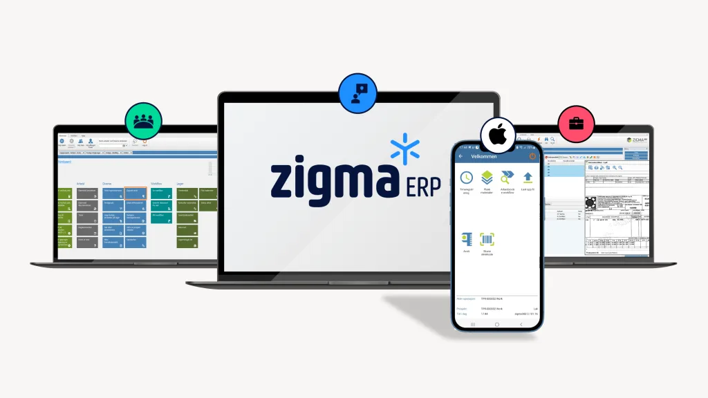 Skjermbilder av Zigma ERP vist på pc og mobil