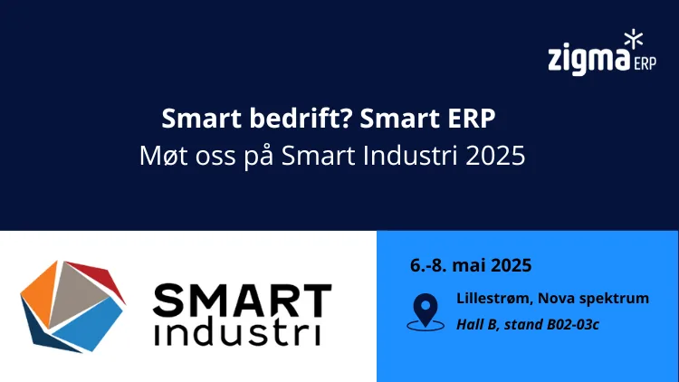 En bildekollasje av Smart Industri logoen med tidspunkt og lokasjon for messen. Det står også teksten "Smart bedrift? Smart ERP. Møt oss på Smart Industri 2025"